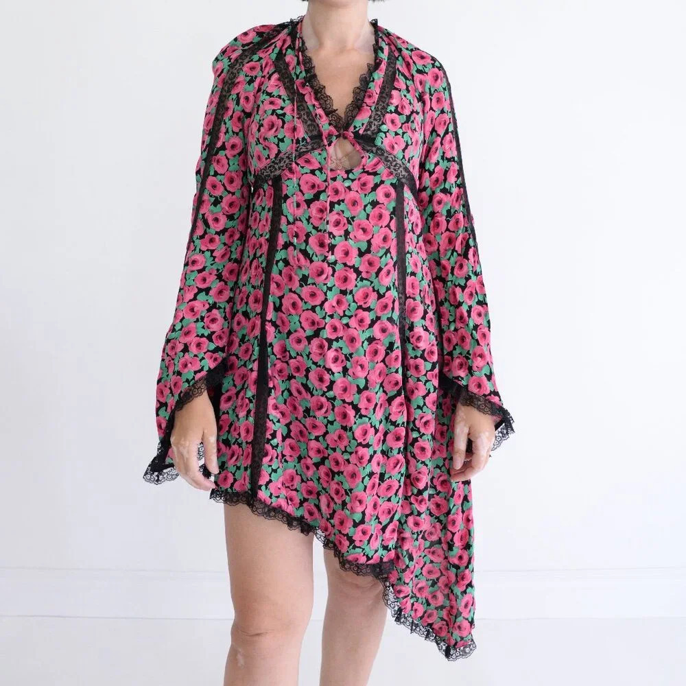 For Love And Lemons Pink Floral Asymmetrical Long Sleeve Lace Midi Dress M